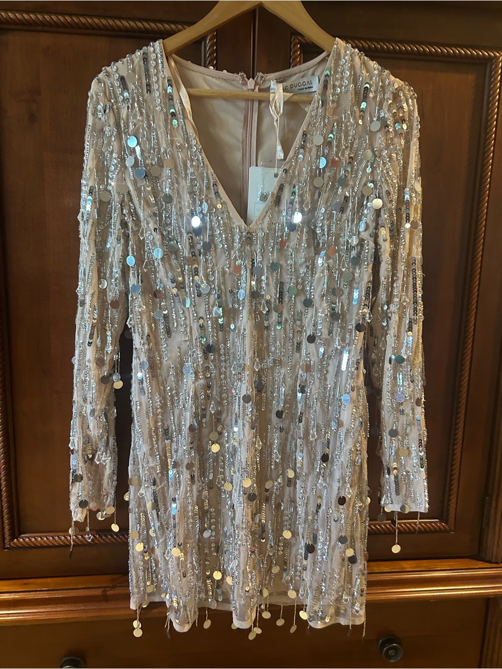 Mac Duggal Sequin Embellished Long Sleeve Mini Dress in Blush/Silver